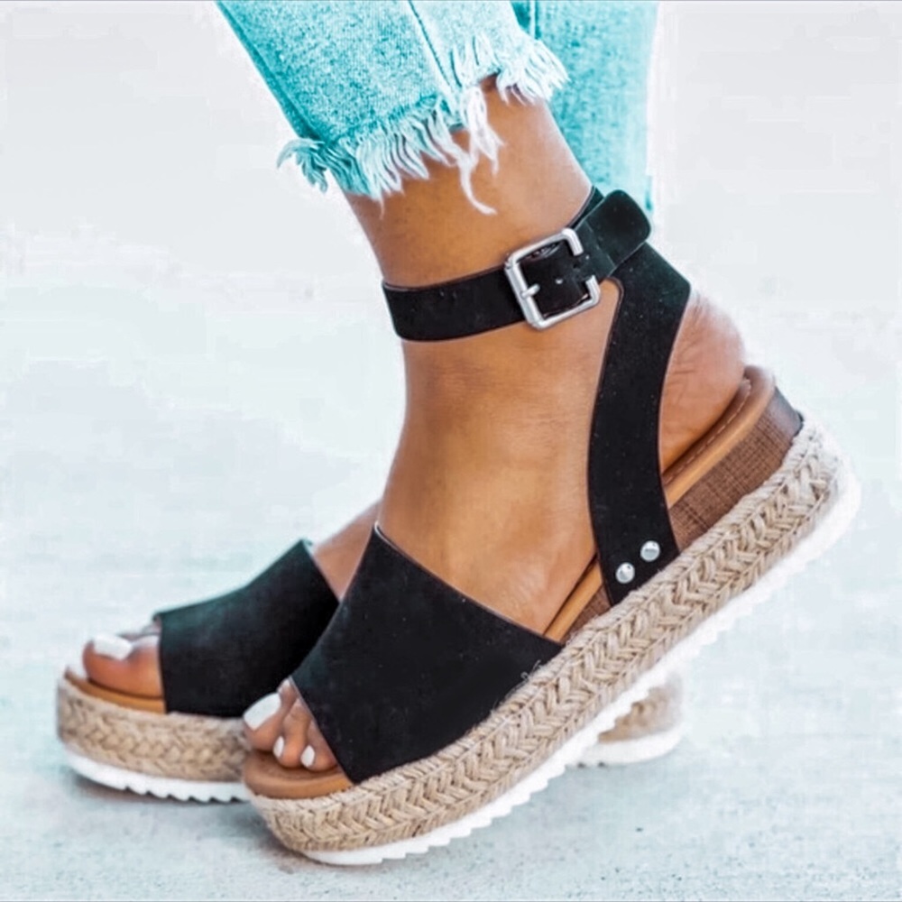 Black Ankle Strap Espadrille Flatform Sandals